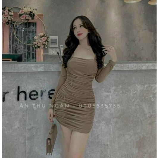 Đầm váy body sang chảnh,đầm dự tiệc tay dài cổ vuông chất liệu thun dẻo tiểu thư dạo phố thời trang XM Minh Phúc