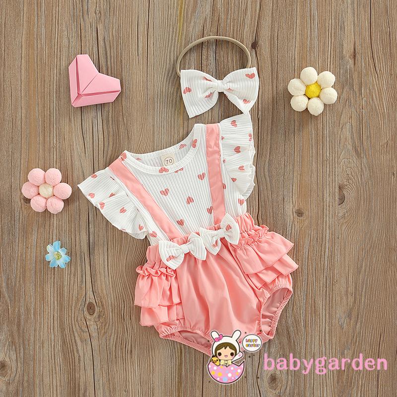 Bộ Áo Liền Quần Tay Cánh Tiên In Họa Tiết Trái Tim Cho Bé Gái