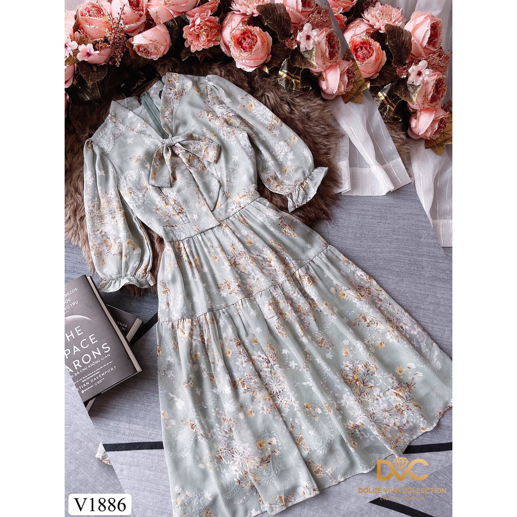 Váy hoa xanh tay lỡ V1886 - Đẹp Shop DVC - Kèm ảnh thật trải sàn do shop tự chụp