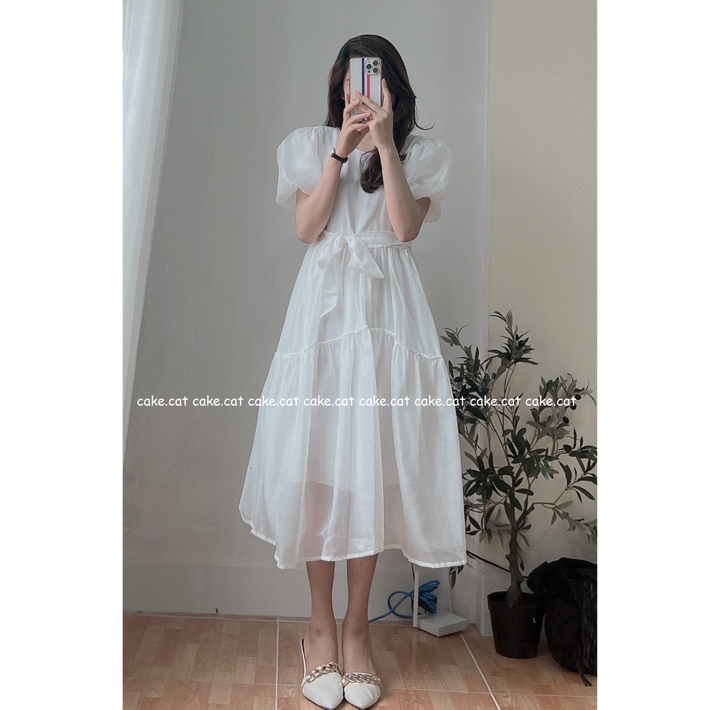 Đầm Váy Trắng Công Chúa Bồng Bềnh Thắt Nơ Eo Xinh