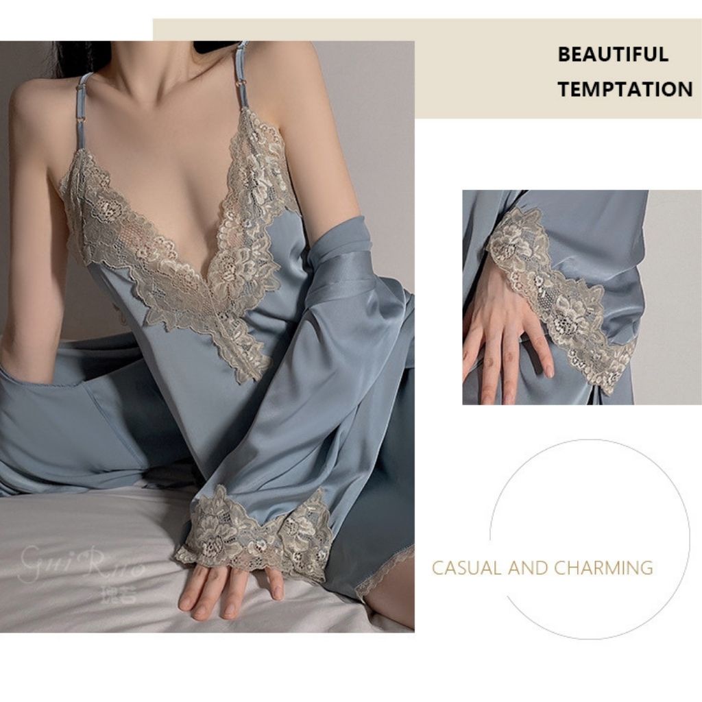 Set váy ngủ lụa satin 2 dây quyến rũ + áo choàng ngủ lụa cao cấp M25