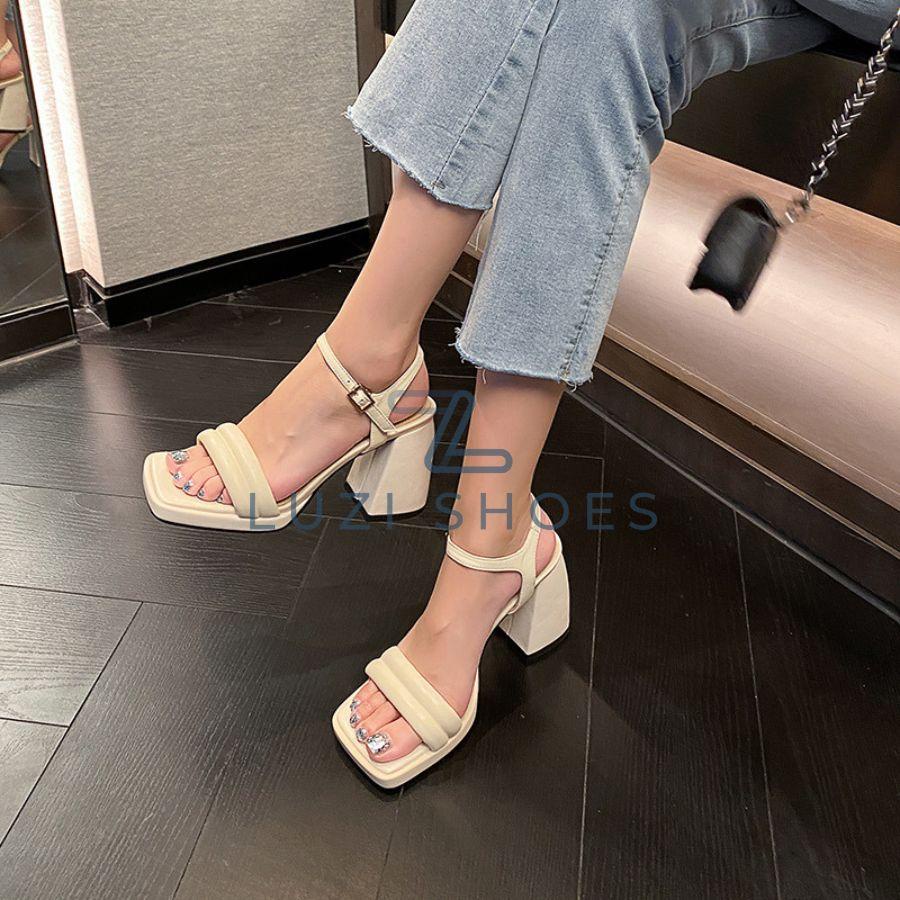 Giày sandal cao gót nữ quai ngang đúp trước 2p gót vuông cao 10p, dép nữ quai ngang may bồng có nâng đế phía trước