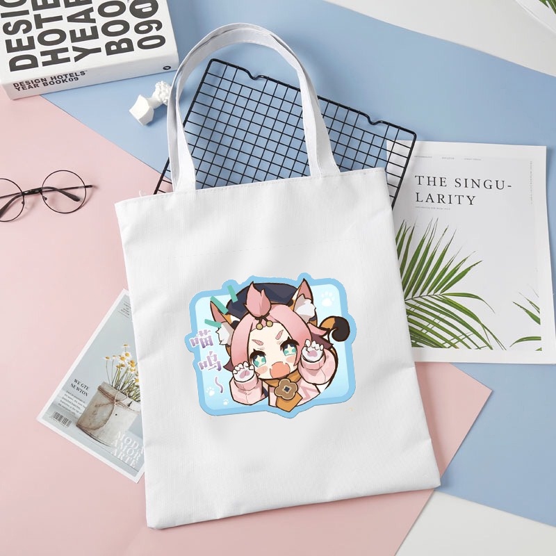 Túi tote vải trắng đeo vai in hình nhân vật GENSHIN IMPACT tiện lợi thời trang anime chibi M2