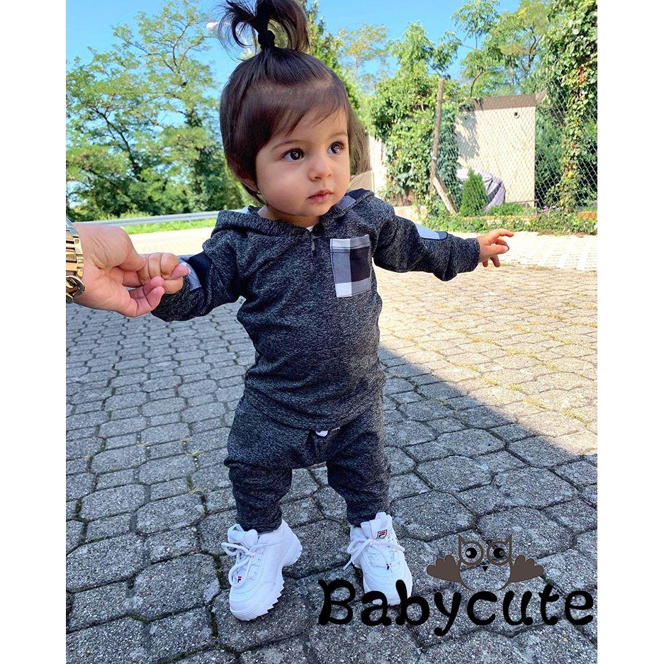 ✪B-BAutumn Winter Fashion Baby Boy Girl Kids Plaid Clothes Long Sleeve Hoodie Tops Sweatshirt Pants Outfit Set