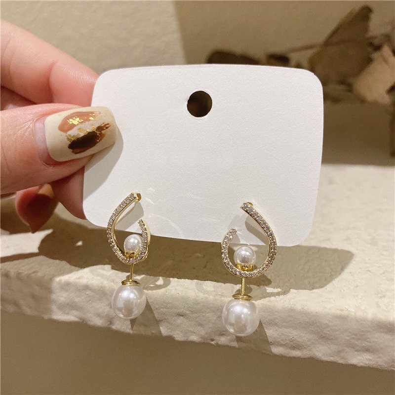 Đôi khuyên tai RINHOO FRIENDSHIP mạ bạc 925 thiết kế chữ U đính hạt ngọc trai nhân tạo thời trang ngọt ngào xinh xắn