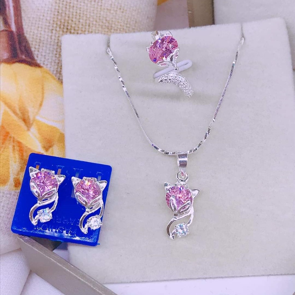 Sét trang sức hồ ly gắn đá phong thủy gồm dây chuyền nhẫn và bông tai, chất liệu bạc ta sang trọng nữ tính