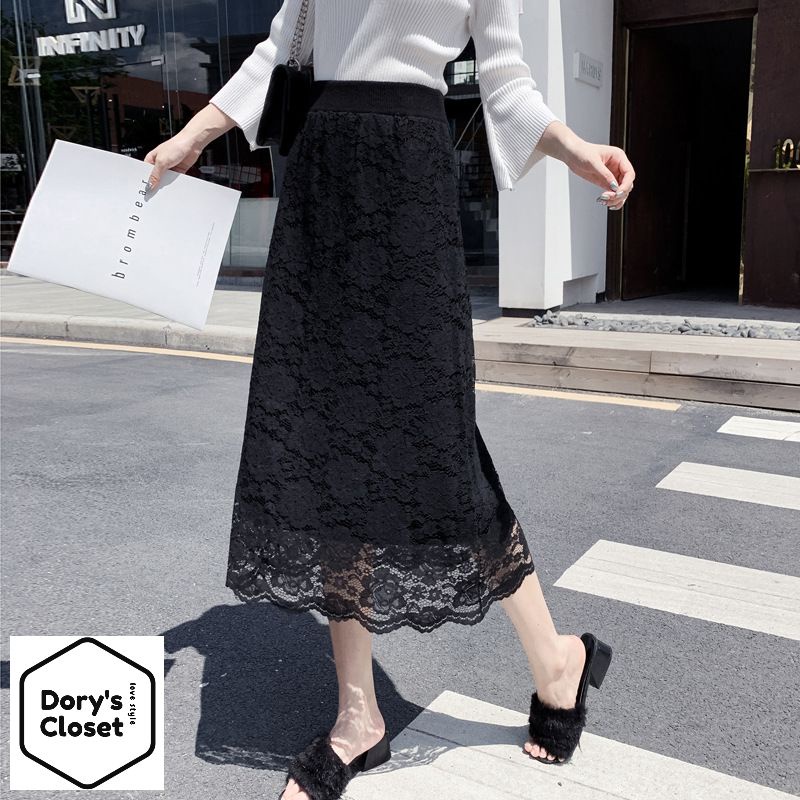 Chân váy len vintage dài ren hoa hai lớp dày dặn Dory's Closet