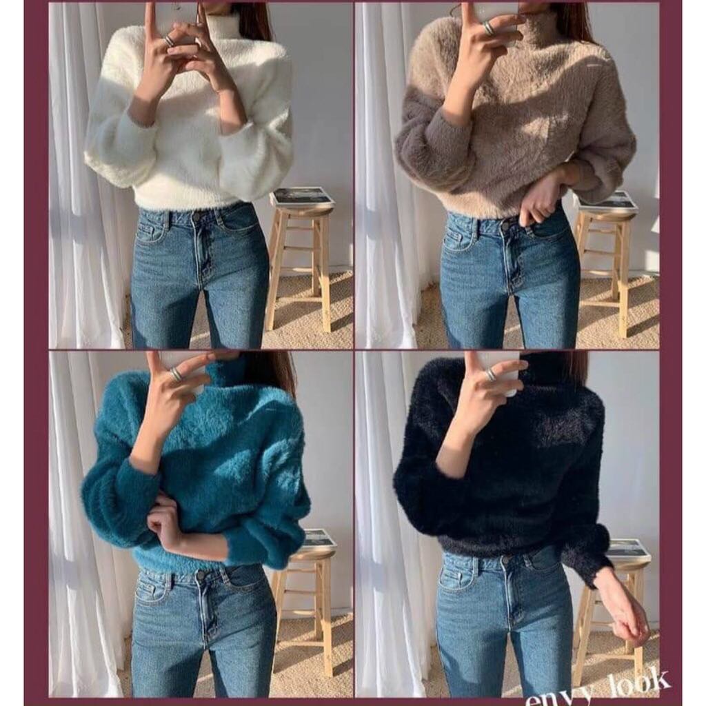 ÁO LEN LÔNG THỎ TAY BỒNG , ÁO LEN LÔNG CỔ 3 PHÂN