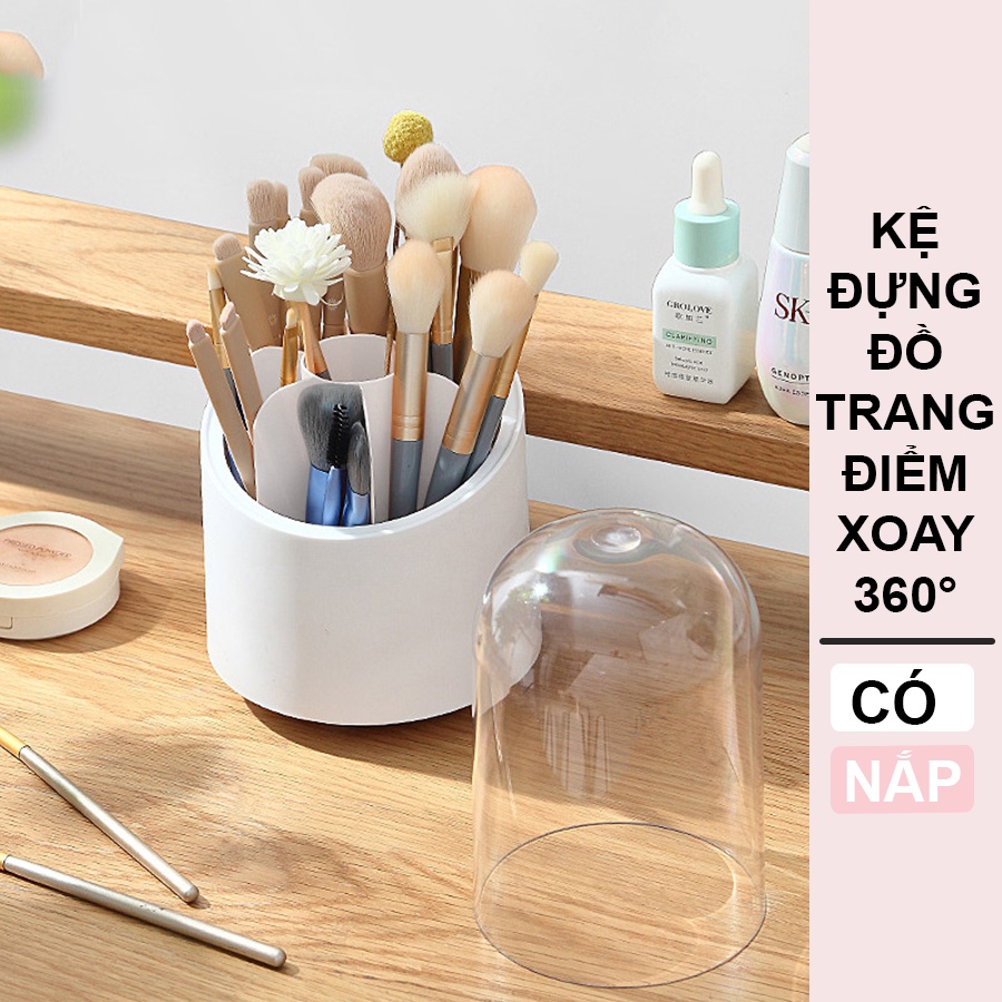 Lọ  Đựng Cọ Trang Điểm Đựng Bút Enoda Home Màu Trắng Nắp Trong Suốt Chia Ngăn Xoay 360 Độ Tiện Lợi R012