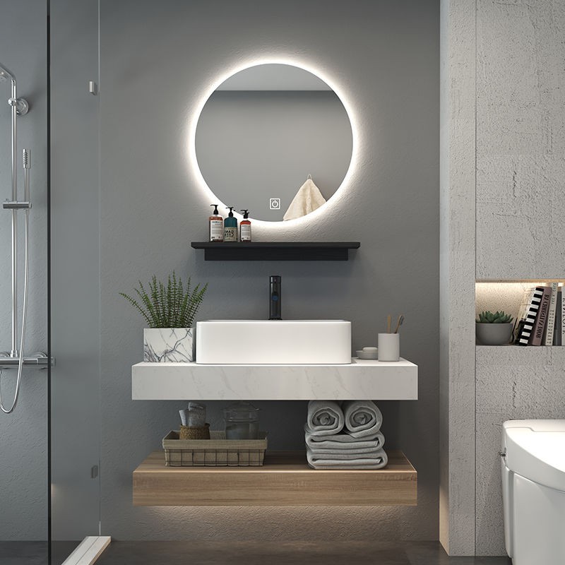 Tủ phòng tắm bằng gỗ nguyên khối kết hợp chậu rửa đơn giản hộ gia đình chung cư nhỏ trang điểm âm tường | BigBuy360 - bigbuy360.vn