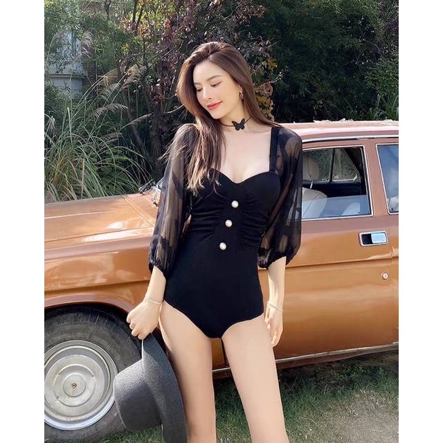(Có bigsize) Đồ bơi mẫu mới Hàn Quốc 1 mảnh đen tôn dáng tiểu thư đính cúc siêu xịn, tay lỡ che bụng,che cánh tay to