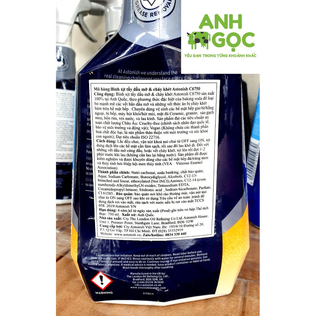 [UK] Bình xịt tẩy dầu mỡ & cháy khét Astonish / Freeship HN đơn từ 50k/ Tẩy rửa sinh học Anh Quốc
