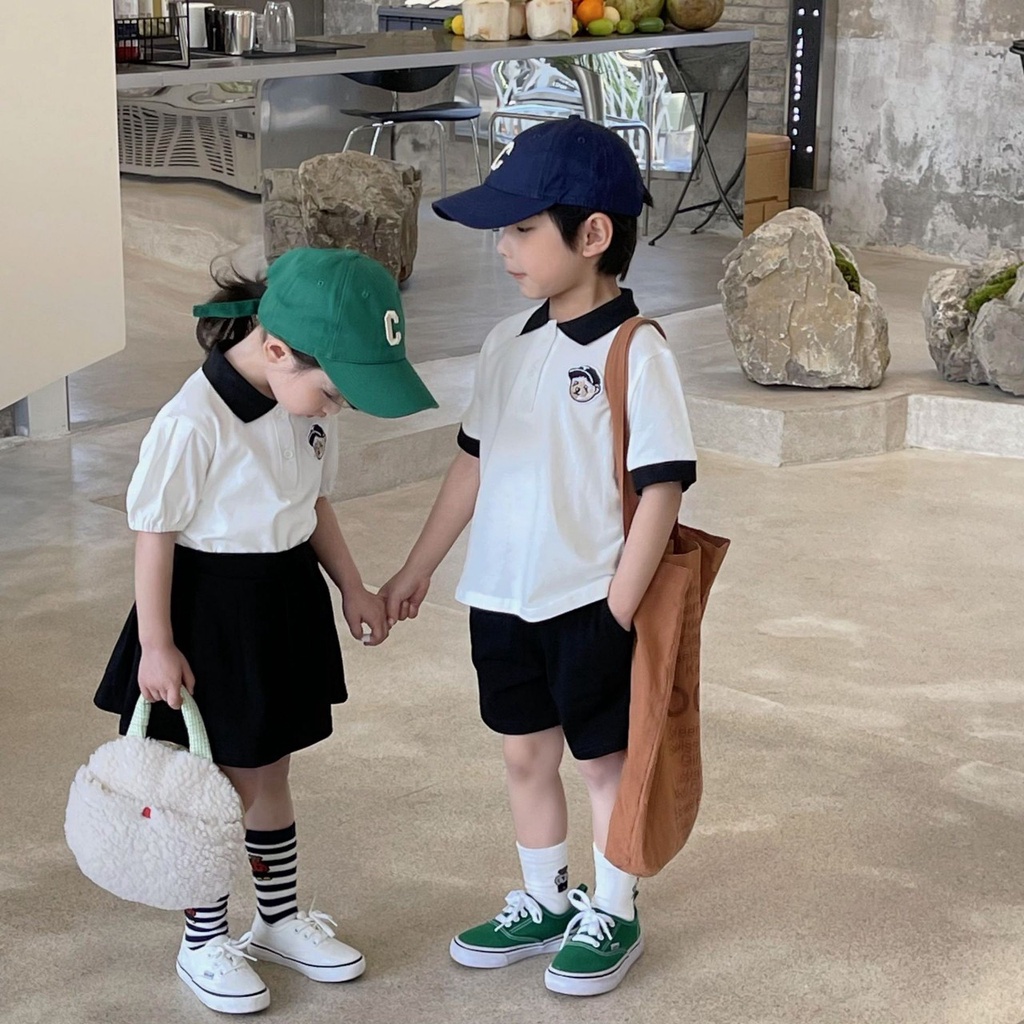 Đồng phục học sinh bé trai bé gái, sét áo polo kèm quần bé trai  bộ áo cổ bẻ gấu L.A cho bé trai, bé gái size 8-30kg