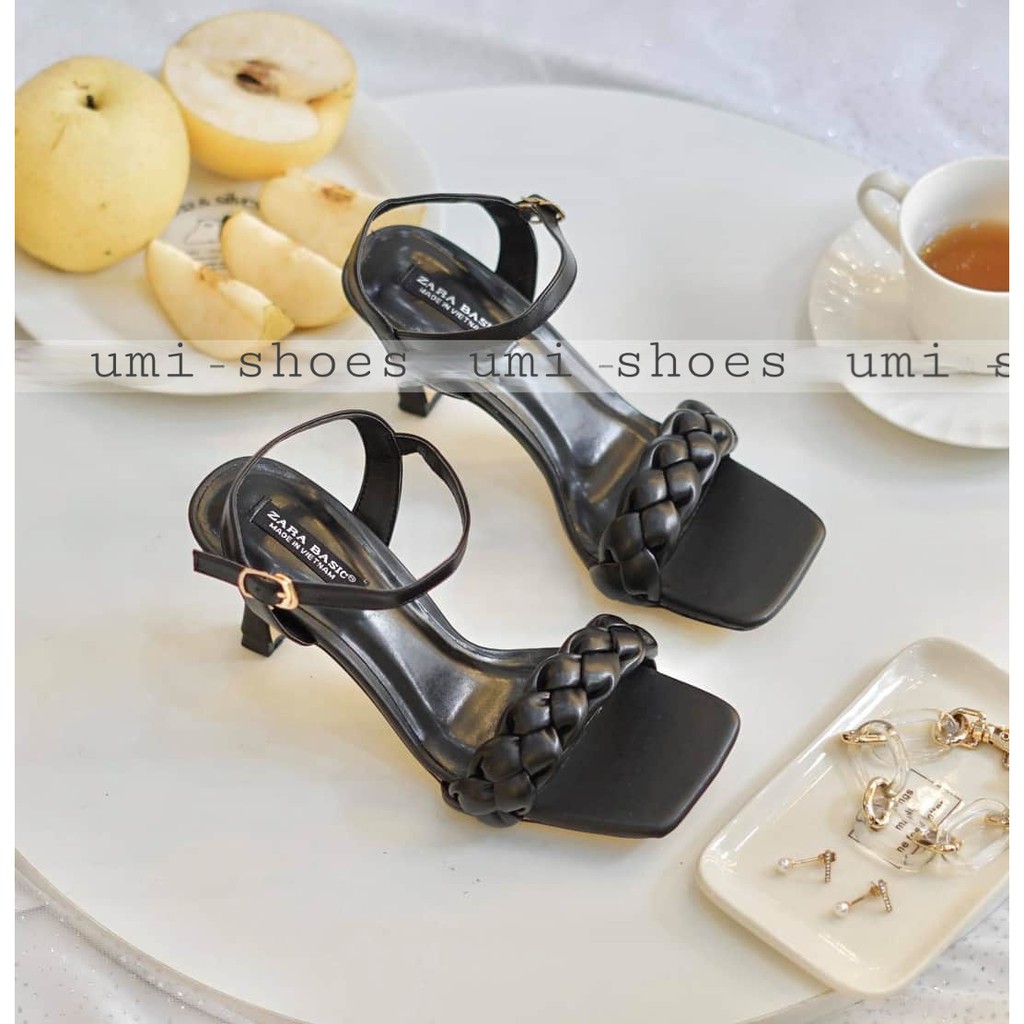 [DÁNG MỚI] Giày sandal cao gót 6cm quai ngang mảnh xoắn tết bện đan bính phồng kiểu mới hot trend mũi vuông đi chơi