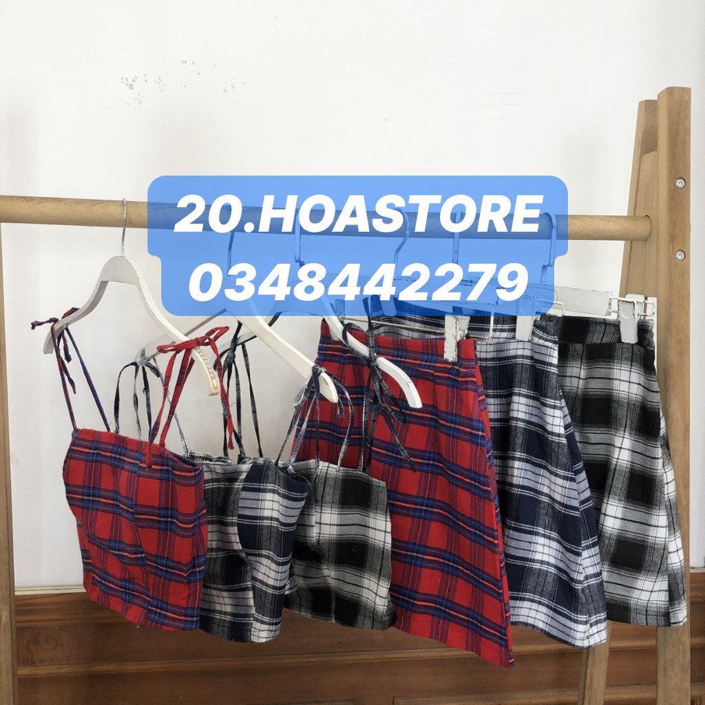 (có lót ngực) SET ÁO KẺ CARO BUỘC NƠ CROPTOP PHỐI CHÂN VÁY CARO CHỮ A HOT | BigBuy360 - bigbuy360.vn
