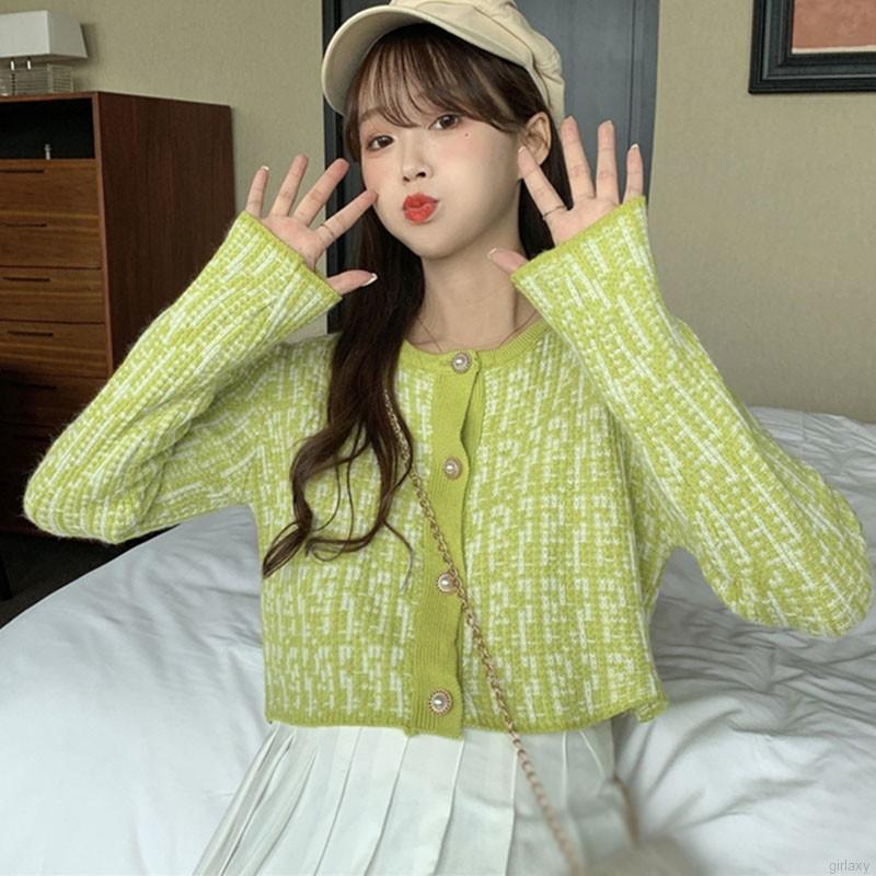 Áo cardigan ngắn dệt kim mỏng tay dài họa tiết kẻ ô phong cách Hàn Quốc
