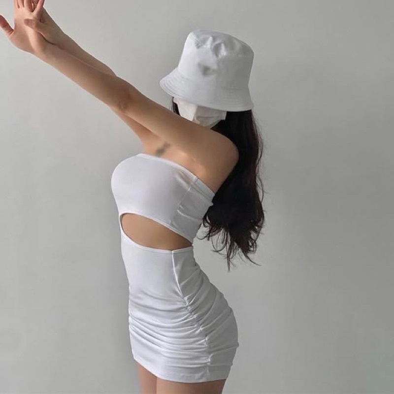 Đầm ống kiểu ngắn nữ thun ôm sát body co dãn cut out khoét eo trơn - Order taobao quảng châu