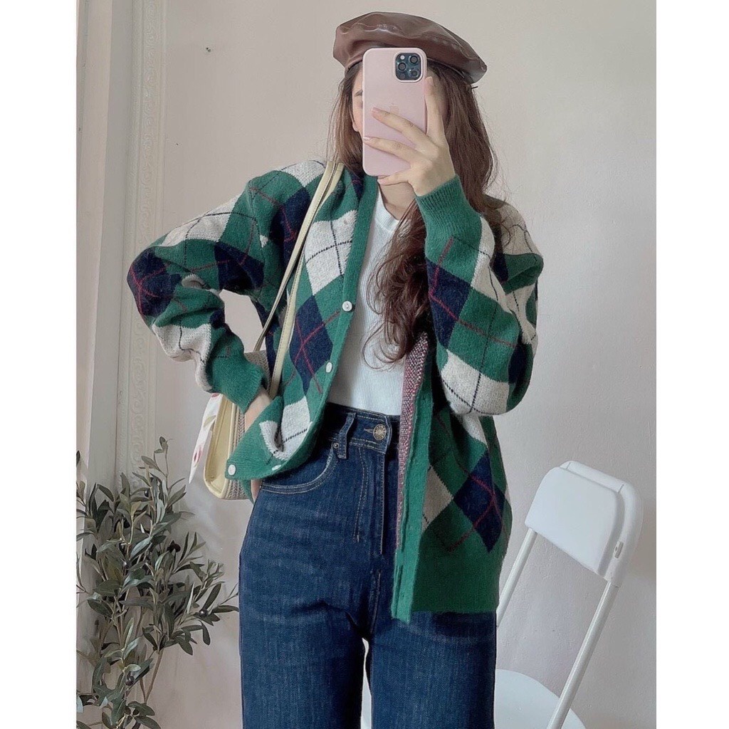 Áo cardigan mỏng hình quả trám Junnie Closet Áo len họa tiết 2 màu xanh lá be Hàn Quốc hottrend