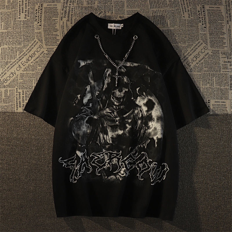 Áo Thun Cotton Tay Ngắn In Hình Đầu Lâu Phong Cách Harajuku Thời Trang Mùa Hè 2023