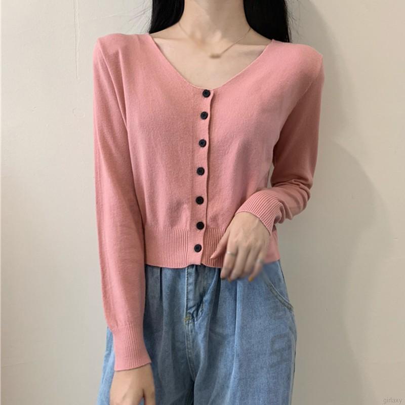Áo Cardigan Dệt Kim Tay Dài Cổ Chữ V Màu Trơn Thiết Kế Đơn Giản Phong Cách Hàn Quốc Cho Nữ