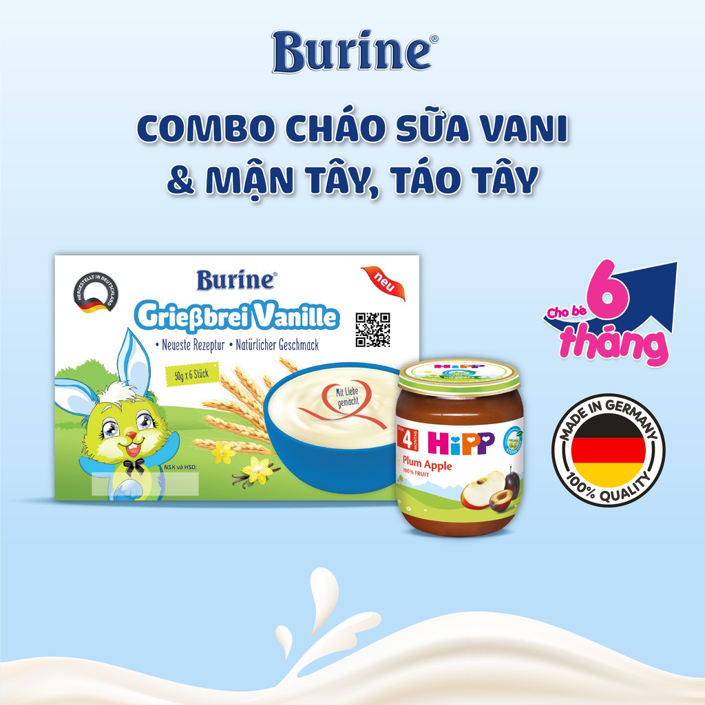 Combo Cháo Sữa BURINE Vani Và Trái Cây Mận Tây, Táo Tây Ăn Dặm HiPP Bổ Sung Nhiều Dưỡng Chất Cho Bé Ăn Dặm CSVANI_4204