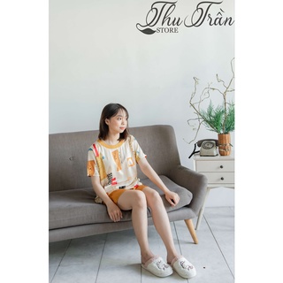 Bộ đồ ngủ lụa Pyjama đùi phối quần màu cam