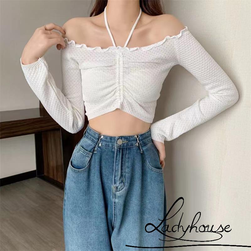 Áo Dệt Kim Ngắn Mỏng Vừa Vặn Cổ Treo Thiết Kế Dây Rút Thời Trang Mùa Thu Mới Cho Nữ