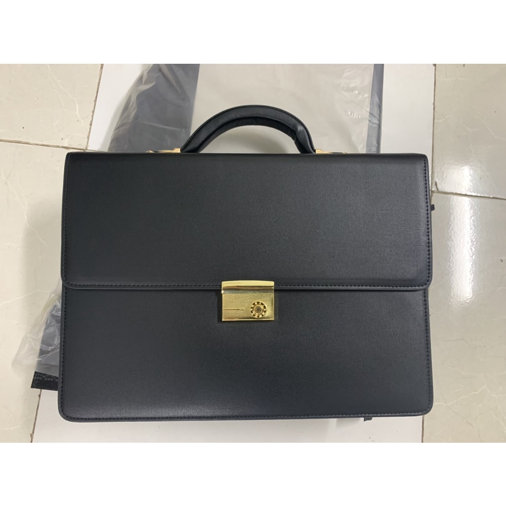 Túi xách cặp da bò công sở khóa số T12 38x27x7cm đựng laptop 14inch (Nâu-Đen) | BigBuy360 - bigbuy360.vn