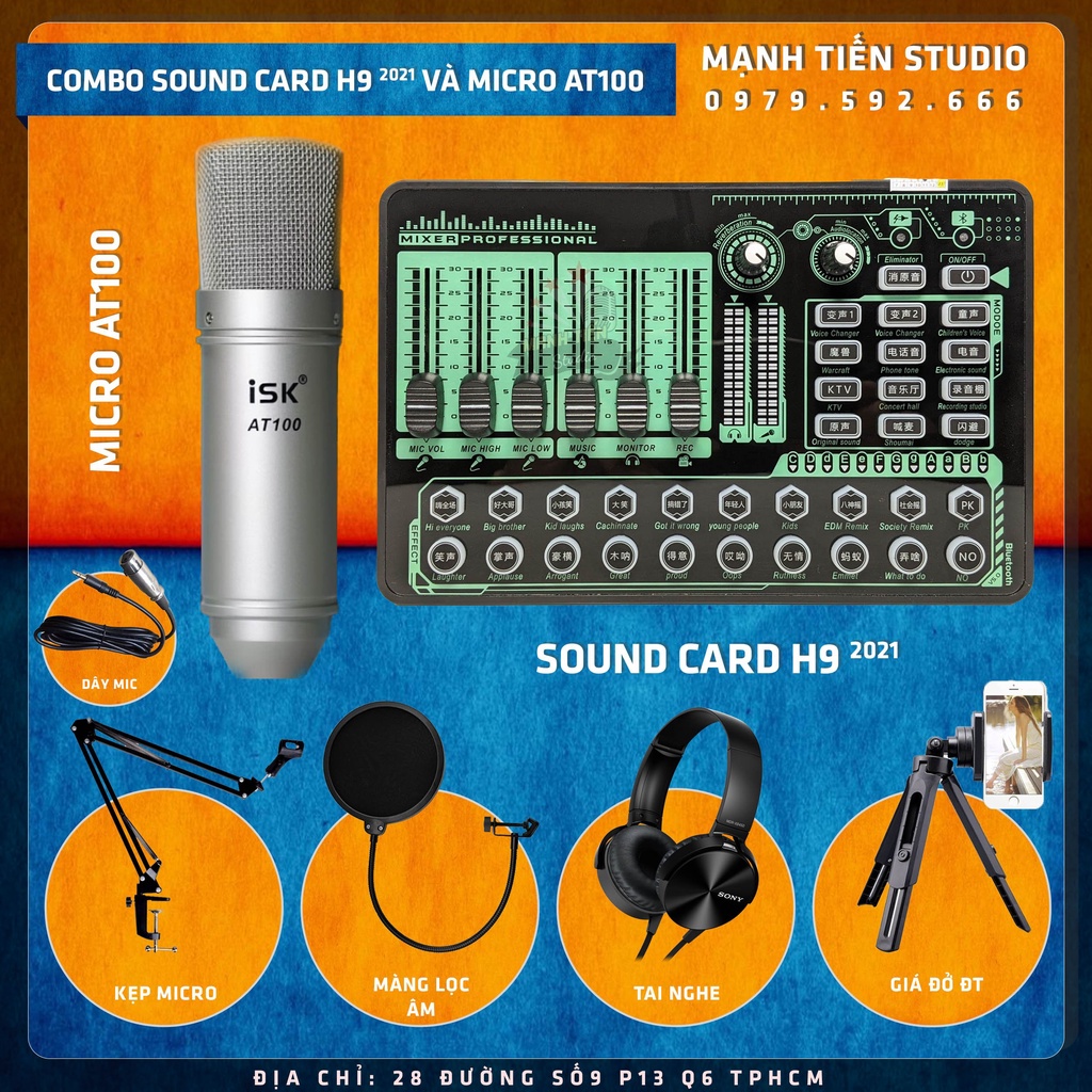 combo thu âm livestream bán hàng onl karaoke tiktok siêu hay micro at100 xịn và sound card H9 2021 tặng full phụ kiện