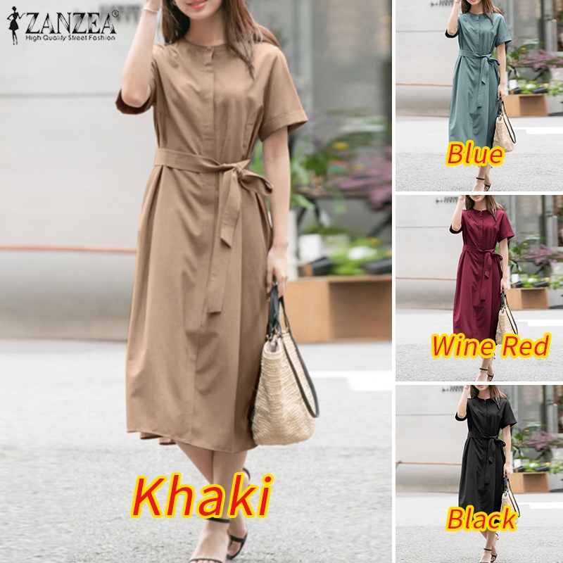 Đầm dài ZANZEA cổ tròn tay ngắn màu trơn phối túi thời trang tùy chọn màu sắc cho nữ