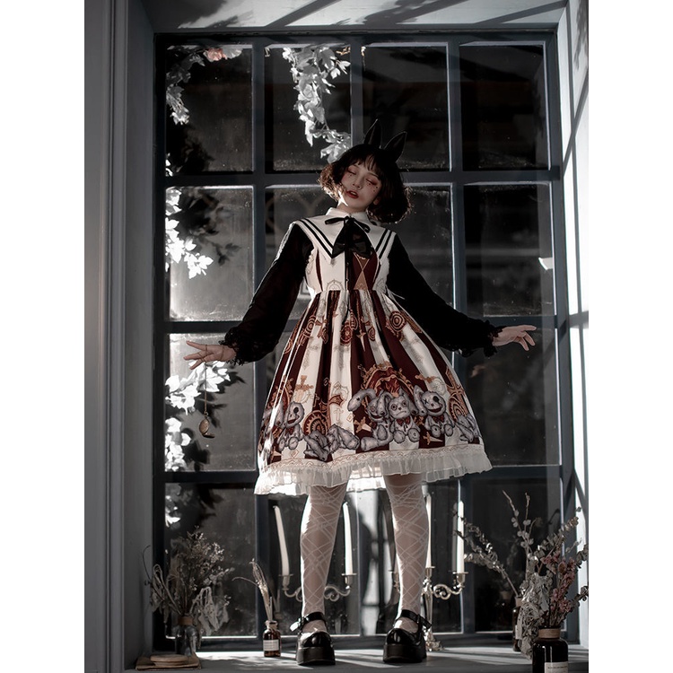 Đầm lolita Thỏ Con Rối Tay Cầm JSK Gothic Màu Tối _ Mù Tạt