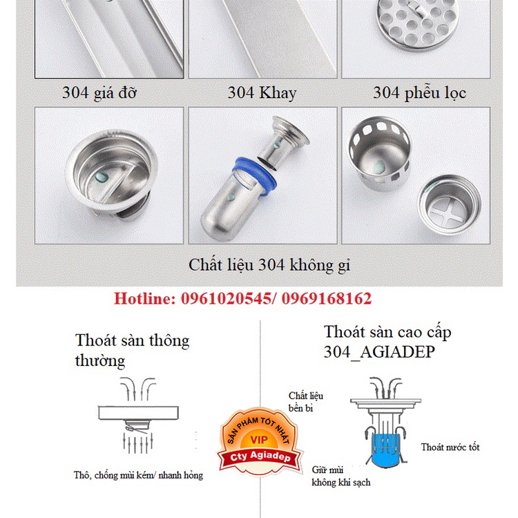 Ga thoát sàn cao cấp Inox SUS 304 - Nắp để gạch đá trang trí - Chống mùi hôi và côn trùng tuyệt đối AGIADEP