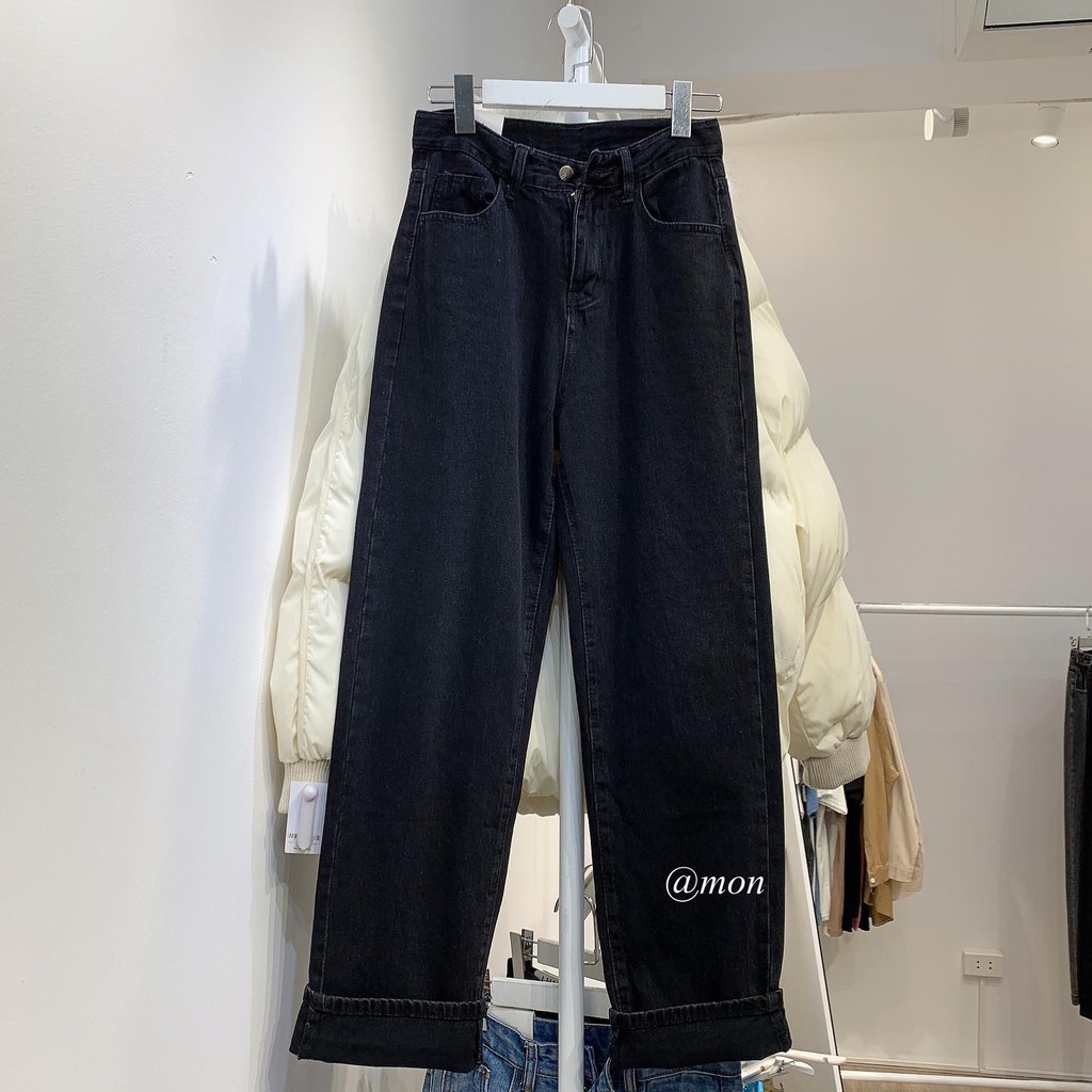 201053 Quần jeans ống rộng dáng suông vừa cho nữ chất jeans mềm màu đen trơn có size | BigBuy360 - bigbuy360.vn