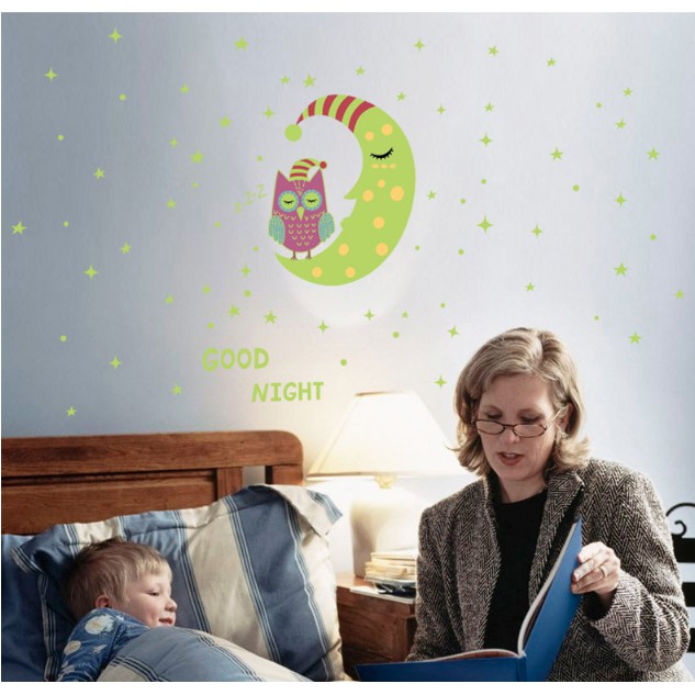 Decal trang trí Trăng và Cú Mèo ngủ đêm - Dạ Quang