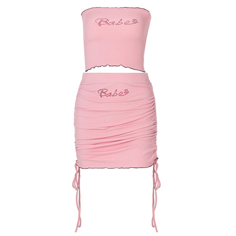 Brroa Set 2 Áo Croptop Dệt Kim Hở Vai Mini Ôm Dáng Phối Dây Rút Đính Đá Chữ Thời Trang Quyến Rũ Cho Nữ