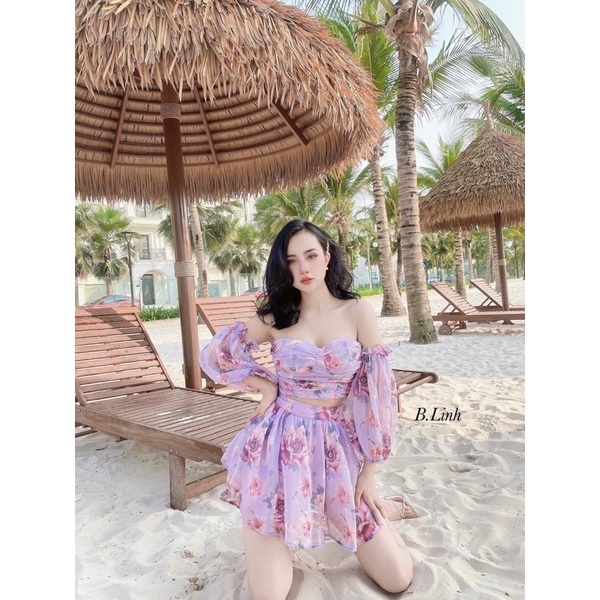 Set áo tơ hoa trễ vai + chân váy