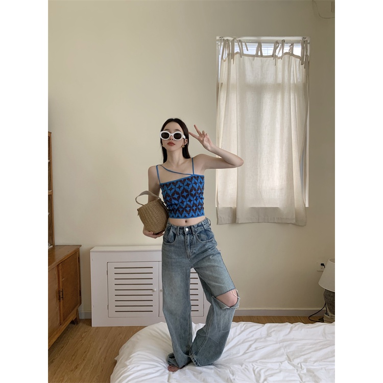 Áo Croptop Dệt Kim Màu Xanh Tương Phản Phong Cách Hàn Quốc