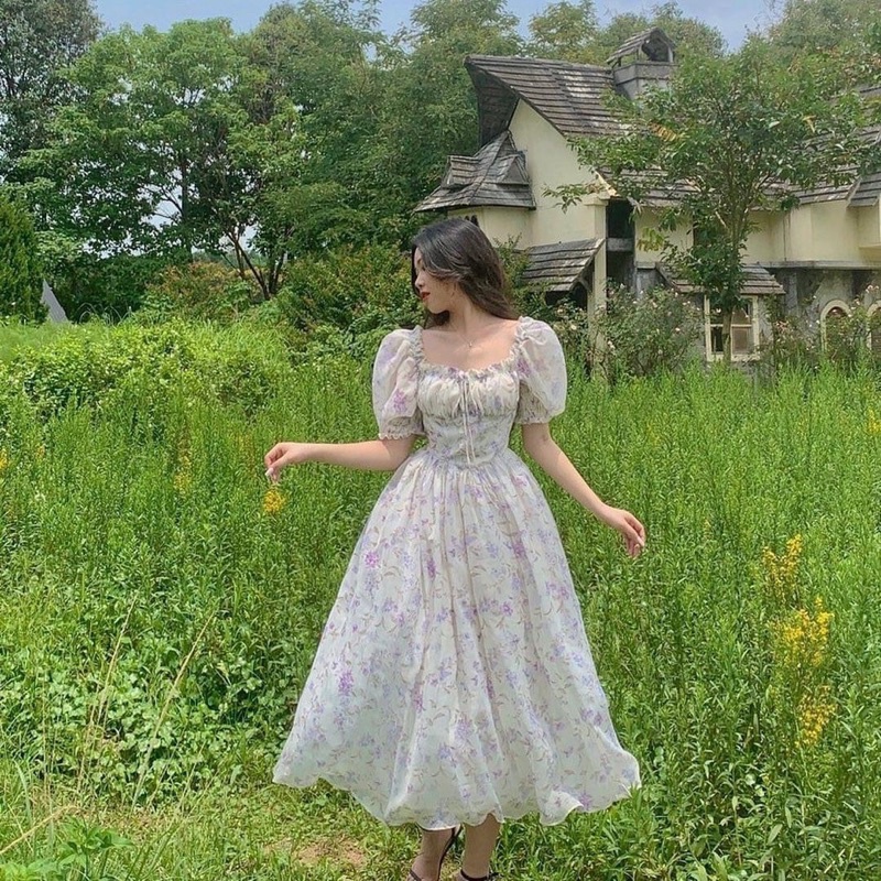 Váy midi tiểu thư hoa nhí tay bồng phong cách ngọt ngào