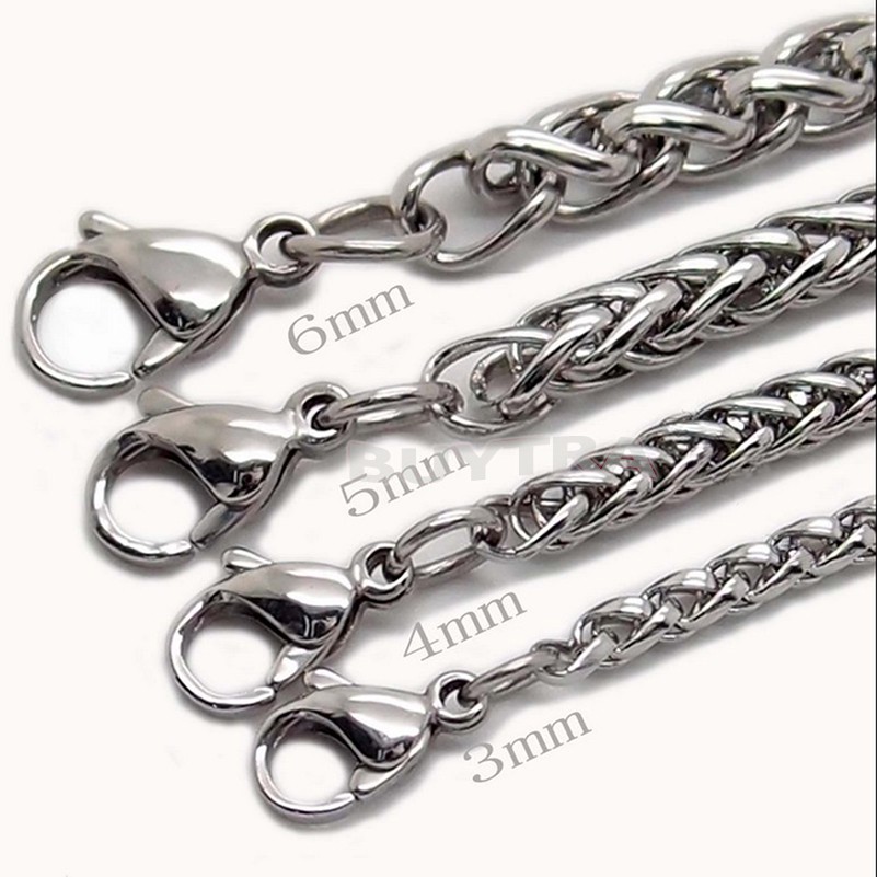 3 / 4 / 5 / 6MM MENS Bạc Thép không gỉ Lúa mì bện dây chuyền Vòng cổ mát mẻ