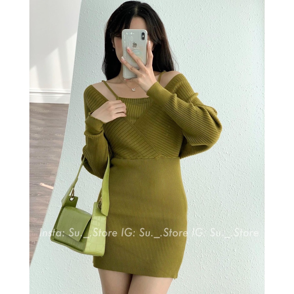 Váy len dài tay vạt chéo liền áo 2 dây V721 SUSTORE