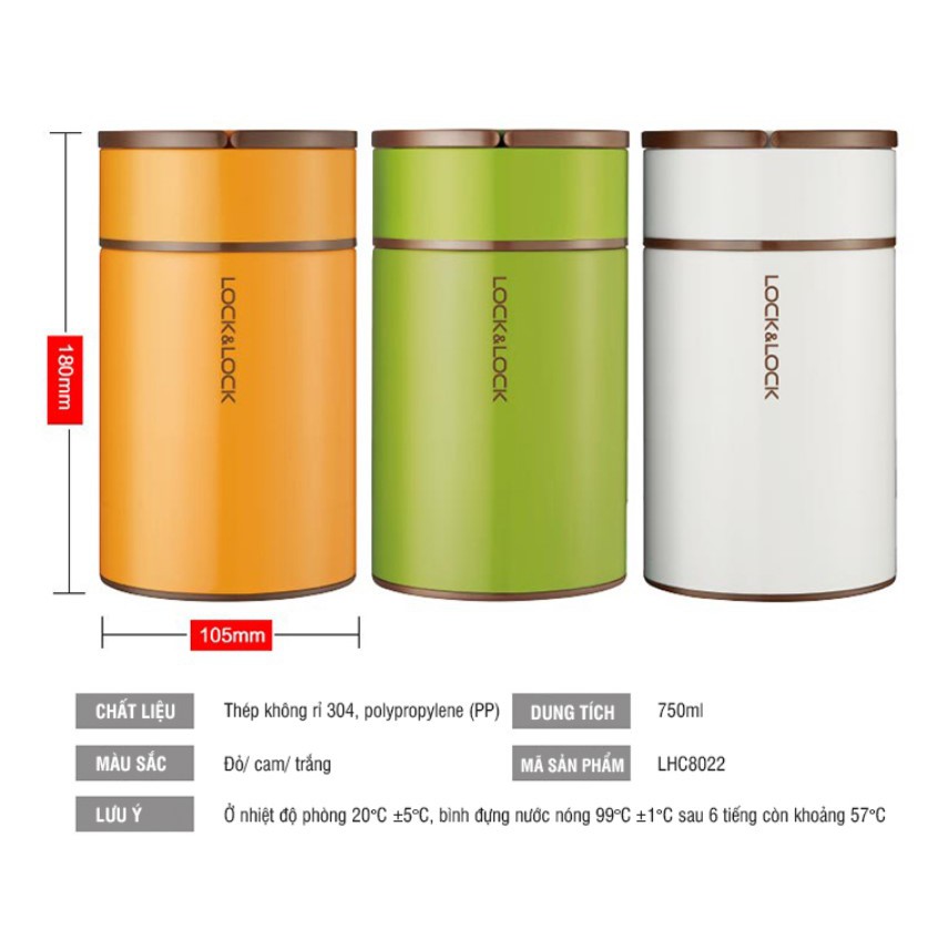 Hộp Giữ Nhiệt Đựng Thức Ăn Lock&Lock Column Food Jar LHC8022 (750ml), LHC8023 (1L) - Hàng Chính Hãng, Kèm Muỗng