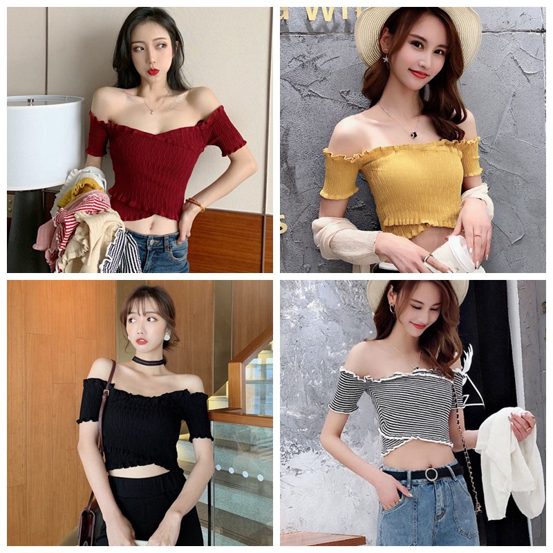 Áo Dệt Kim Tay Ngắn Thiết Kế Trễ Vai Quyến Rũ