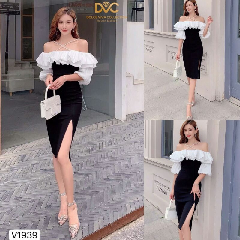 Đầm trễ vai tiểu thư, đầm 2 dây hạt ngọc sang chảnh đi tiệc đi chơi du lịch, bèo ngực xinh xắn, đầm body xẻ tà quyến rũ