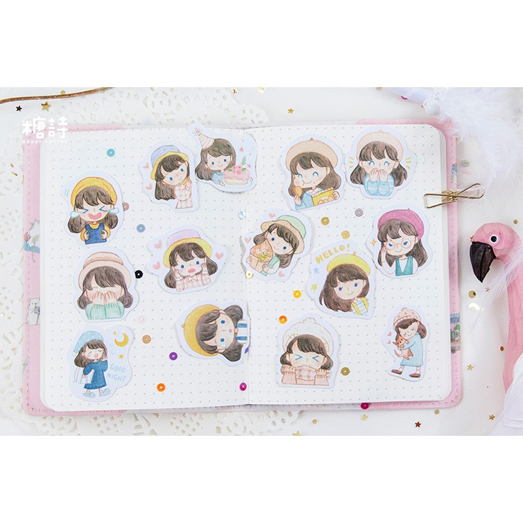 Hộp 45 miếng sticker mẫu cô bé đội nón