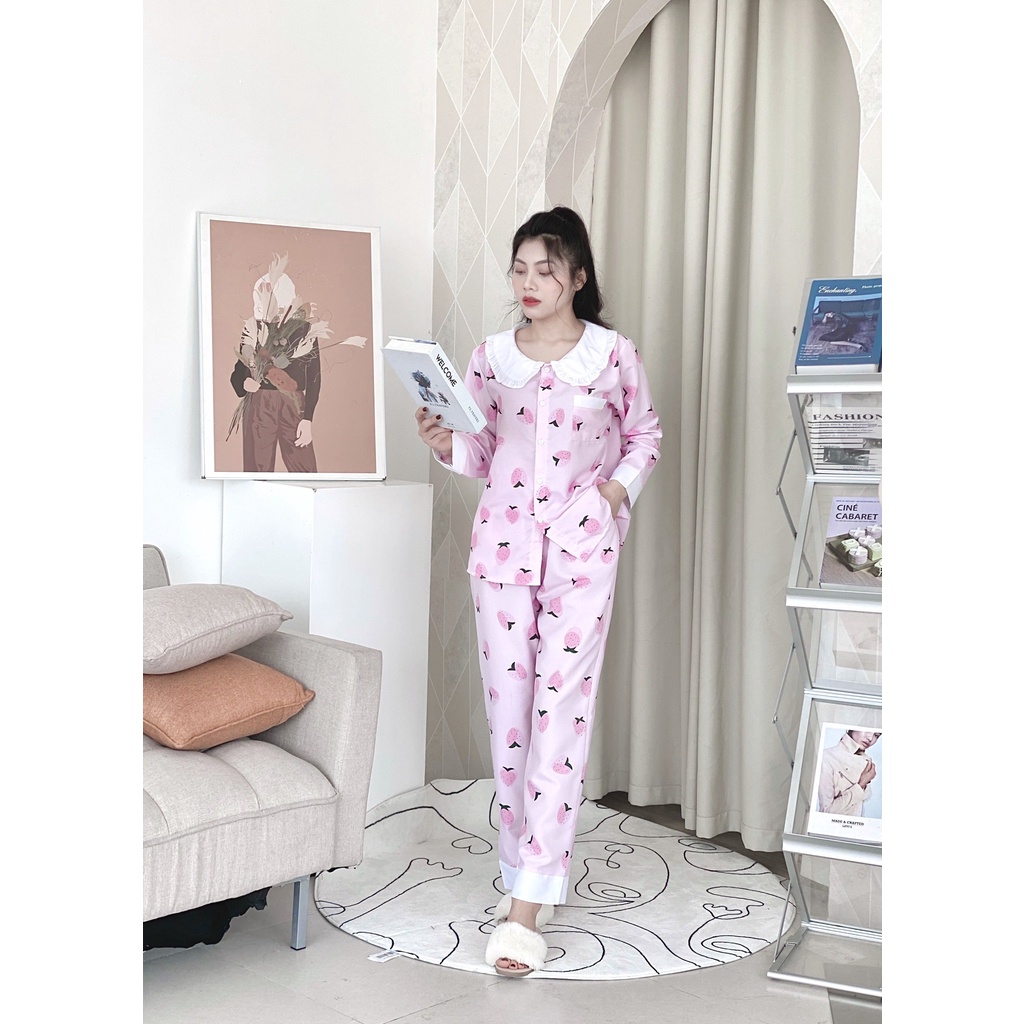Bộ ngủ pijama phối viền bèo siêu nữ tính Bộ mặc nhà nữ