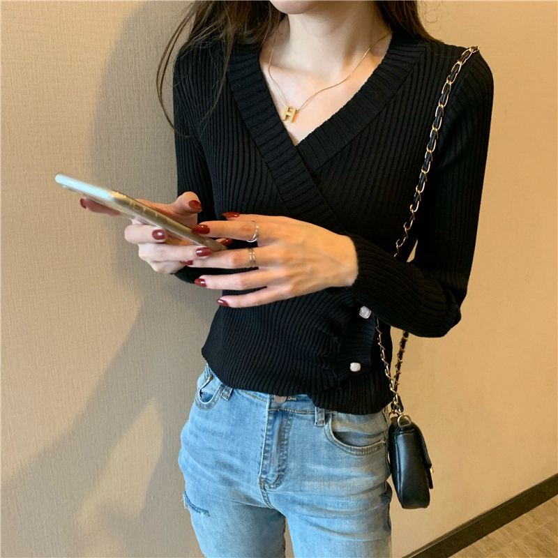 SUXI Áo dệt kim cổ V tay dài thời trang Pháp phong cách mùa thu thanh lịch cho nữ