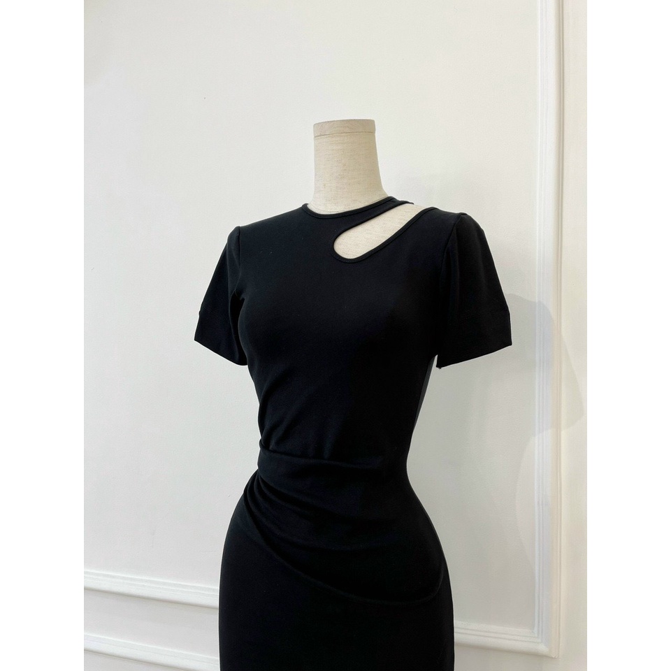 Đầm midi body nữ tay ngắn khoét vai, váy thun ôm dài qua gối NPDAM010