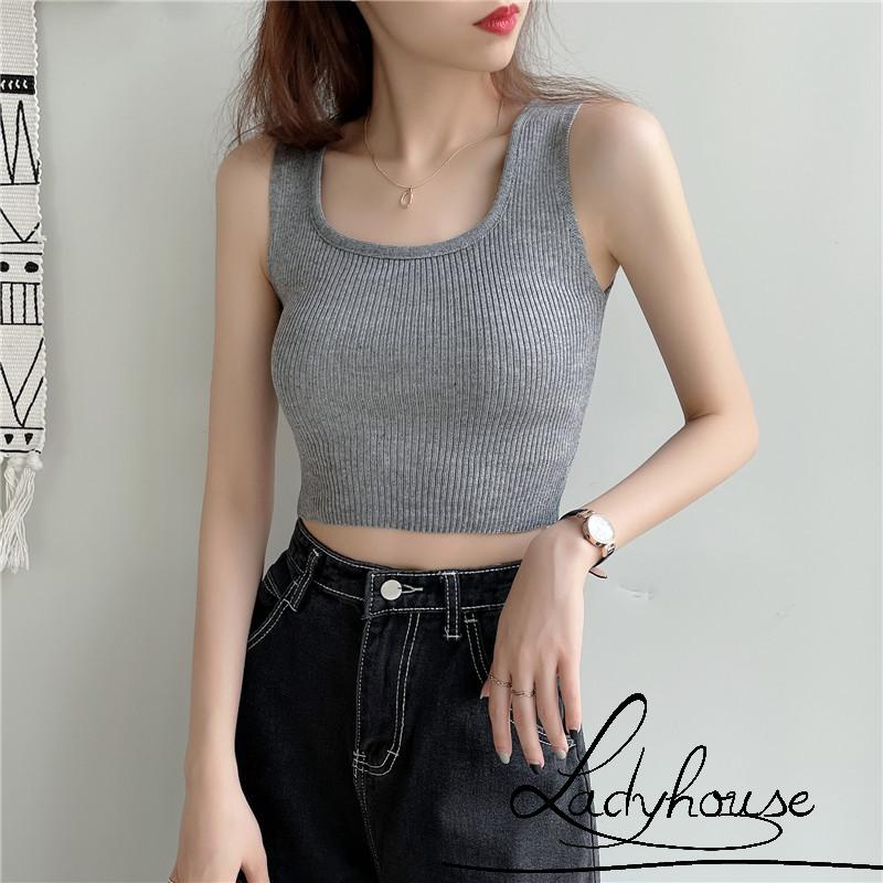 Áo Croptop Dệt Kim Không Tay Màu Trơn Ôm Dáng Xinh Xắn Cho Nữ