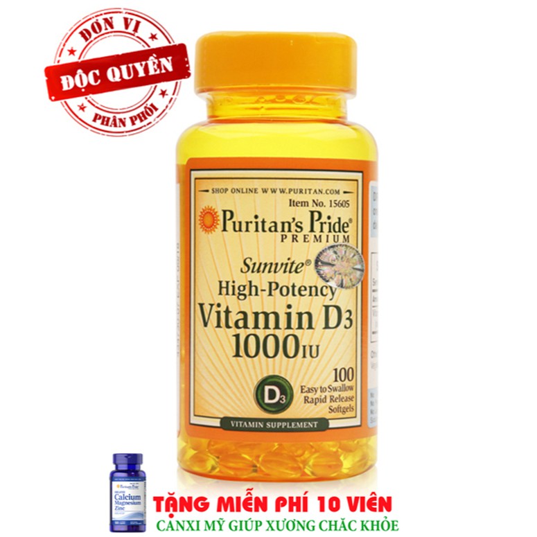 Viên uống bổ sung Vitamin D tăng cường hệ miễn dịch, phòng chống còi xương Sunvite High-Potency Vita D3 1000IU 100 viên