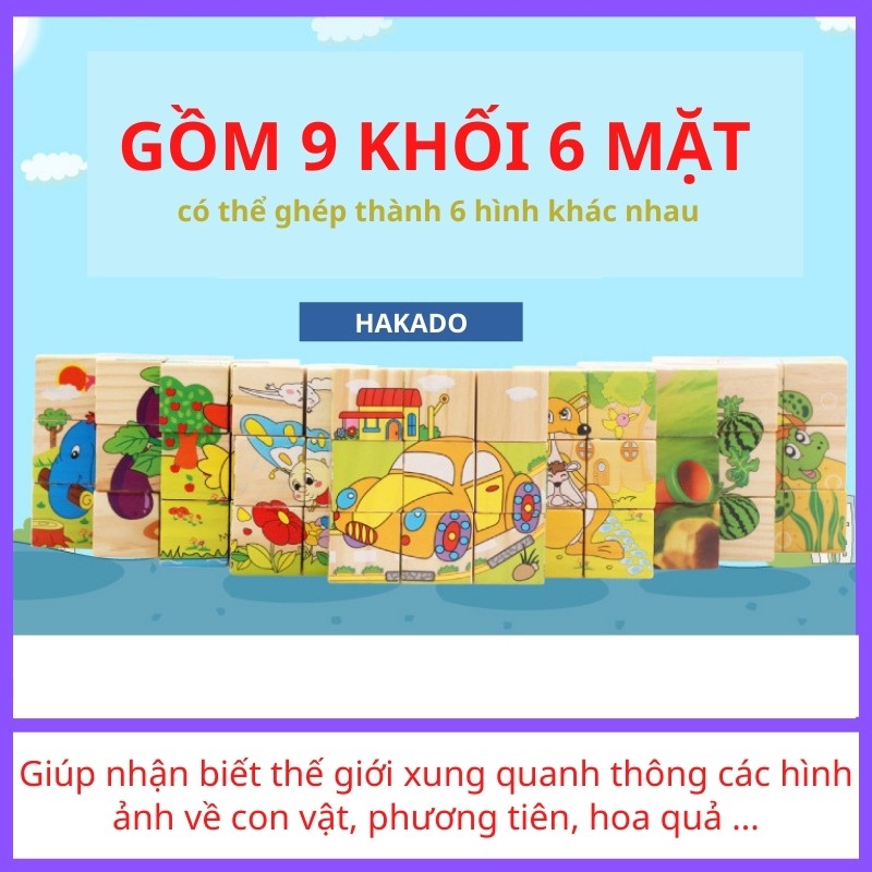 Đồ chơi xếp hình lắp giáp hình khối 6 mặt 9 chi tiết bằng gỗ